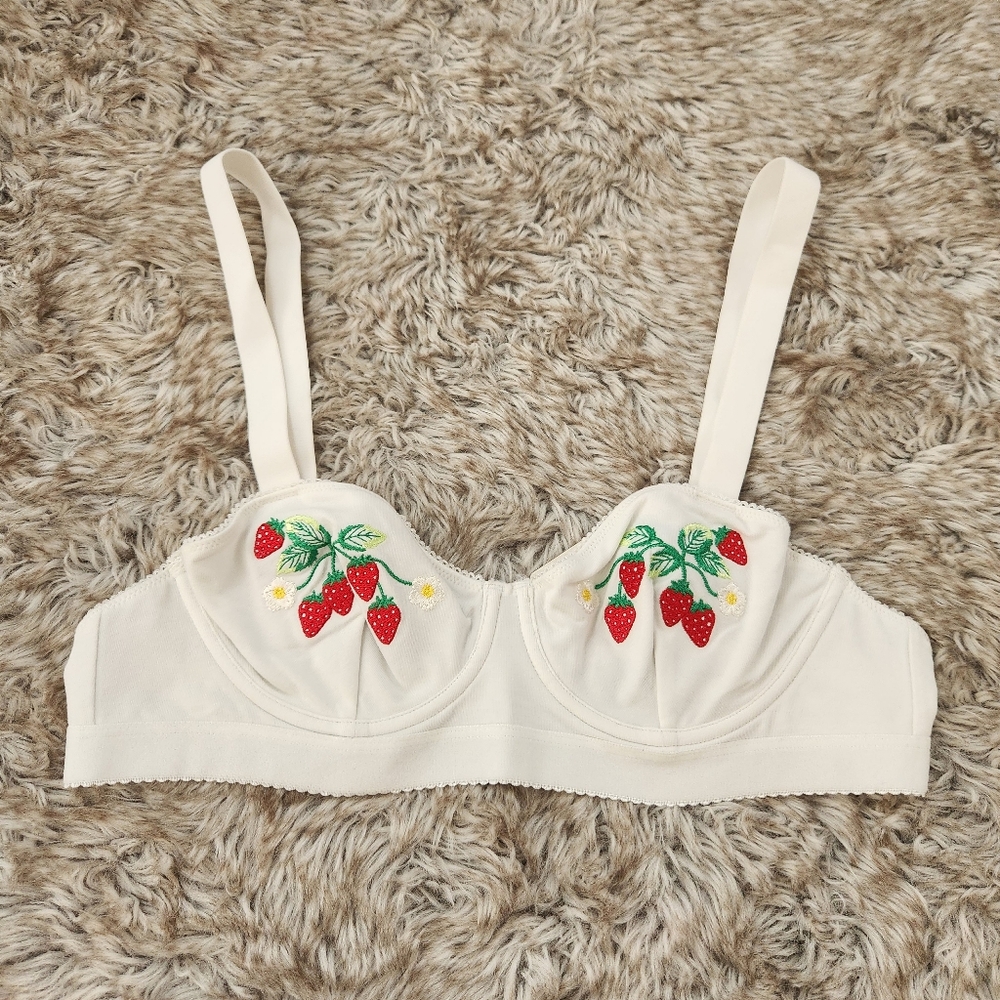 Anthropologie Strawberry Embroidered Bra White Women's Size Medium